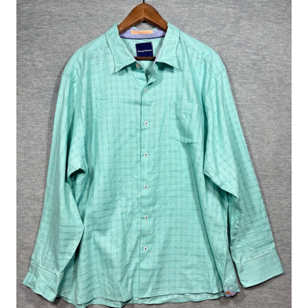 Tommy Bahama Mens XXL Seafoam Green Linen Blend Plaid Button Down Shirt